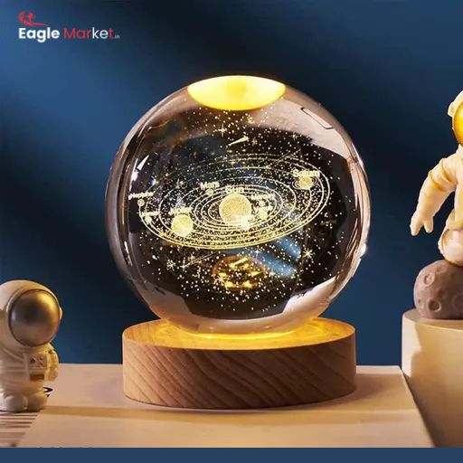 3D Galaxy Crystal Ball Night Lamp with Wooden Base | USB LED Table Night Light | Home Décor & Gift